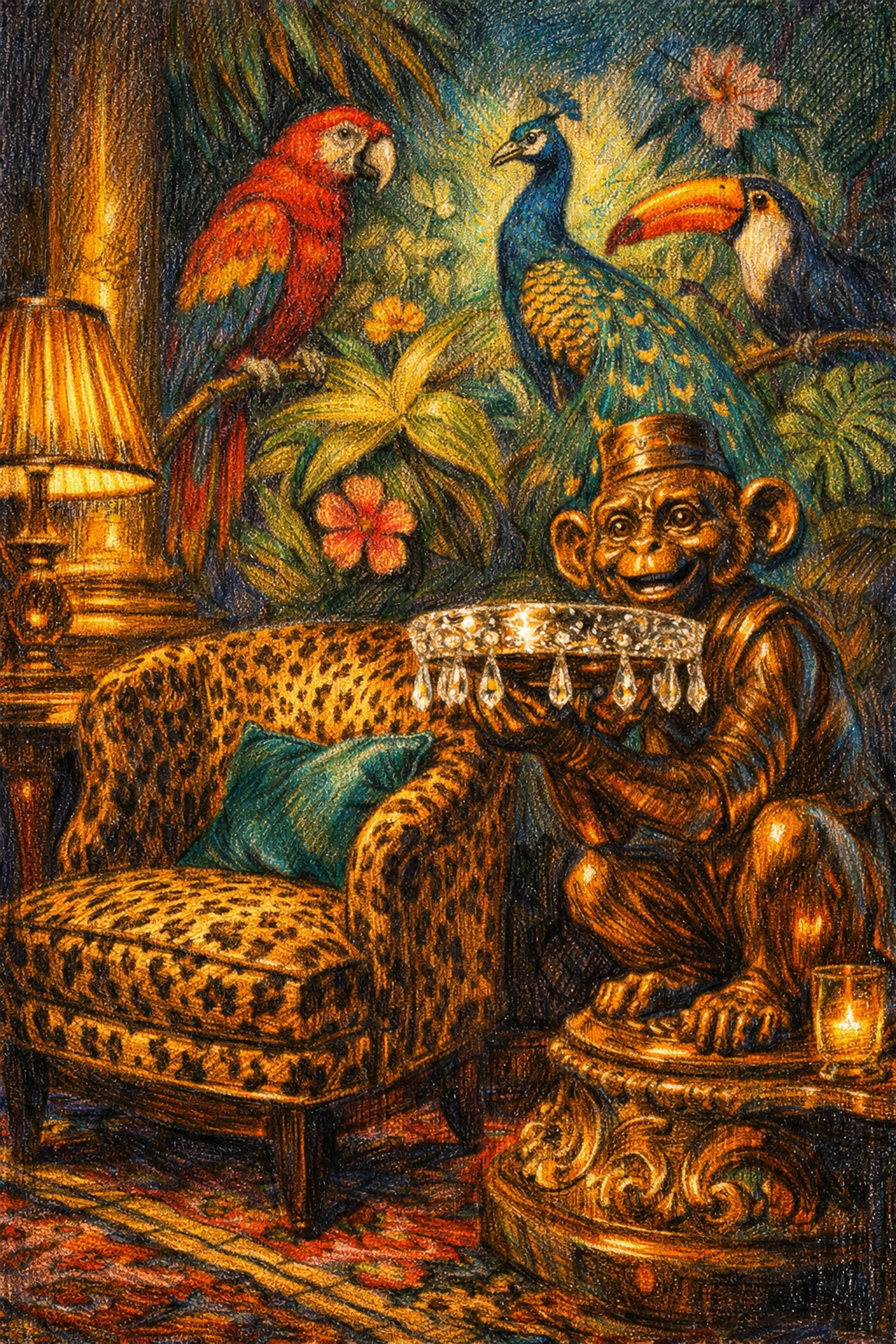 Maximalist hospitality interior with exotic bird murals and ornate animal statues.
