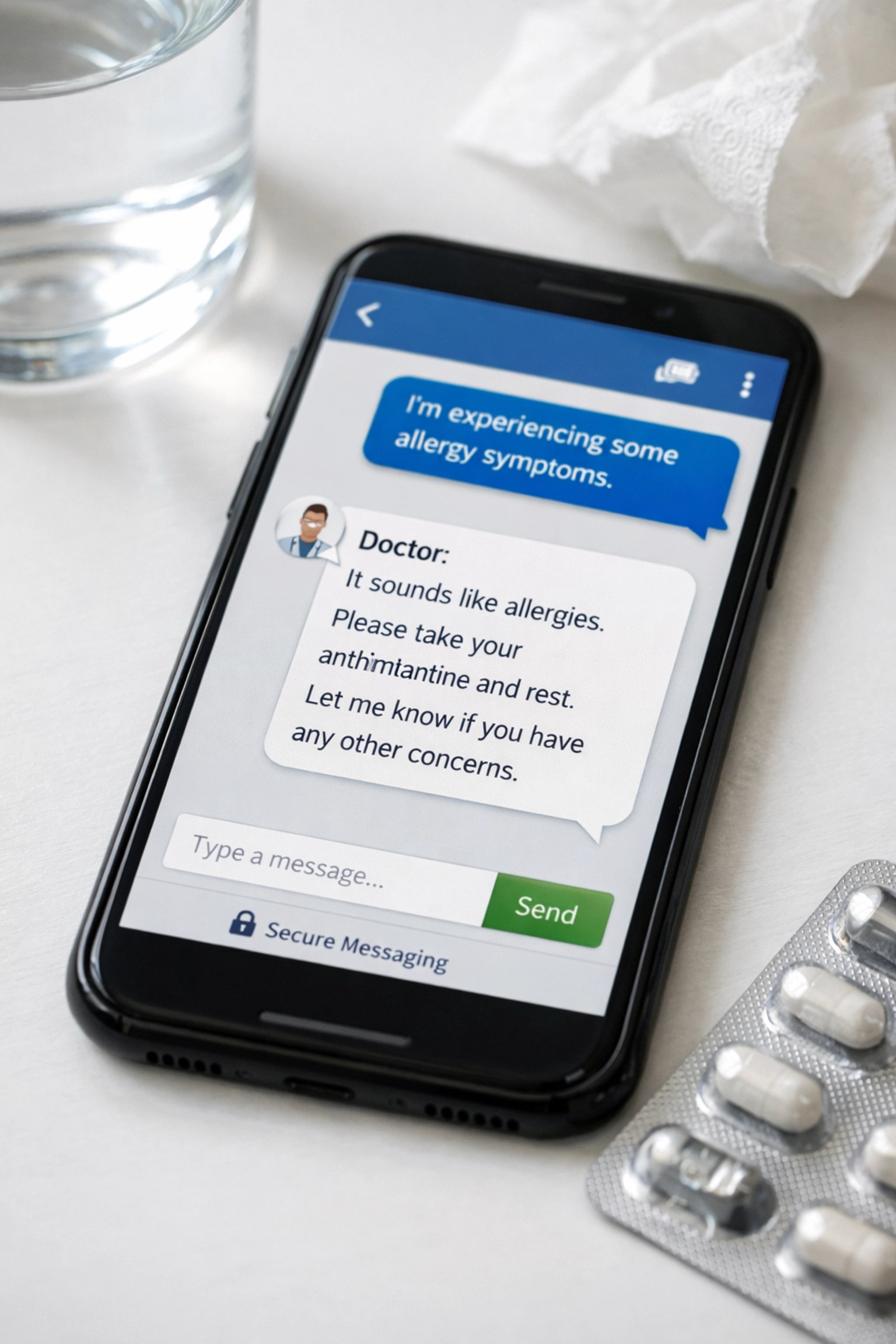 Smartphone displaying secure medical messaging for online allergy treatment consultation