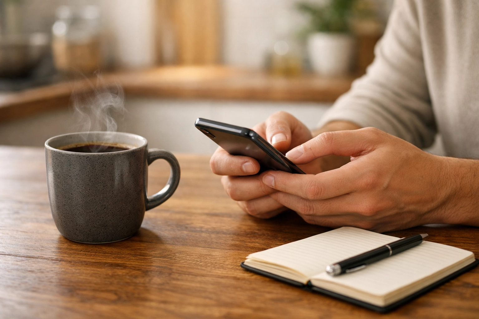 Someone using their phone to easily manage an e-transfer payday loan in Canada at a kitchen table.
