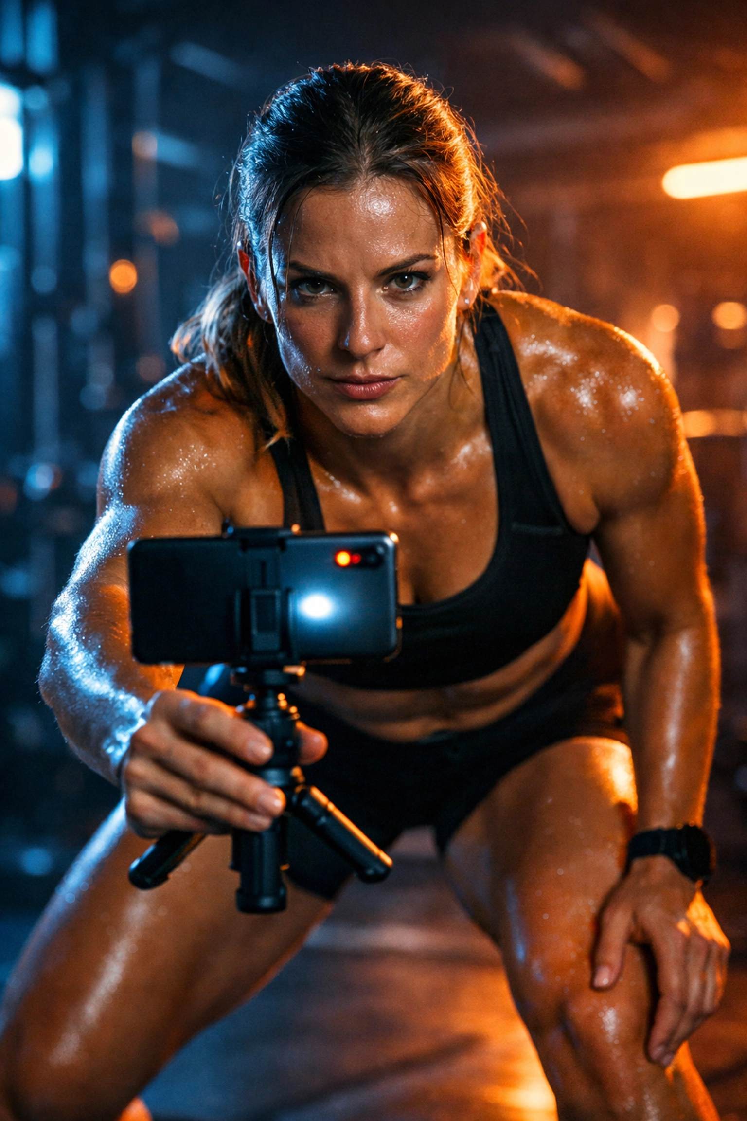 Female athlete recording a high-performance training video on a smartphone for her NIL content strategy.