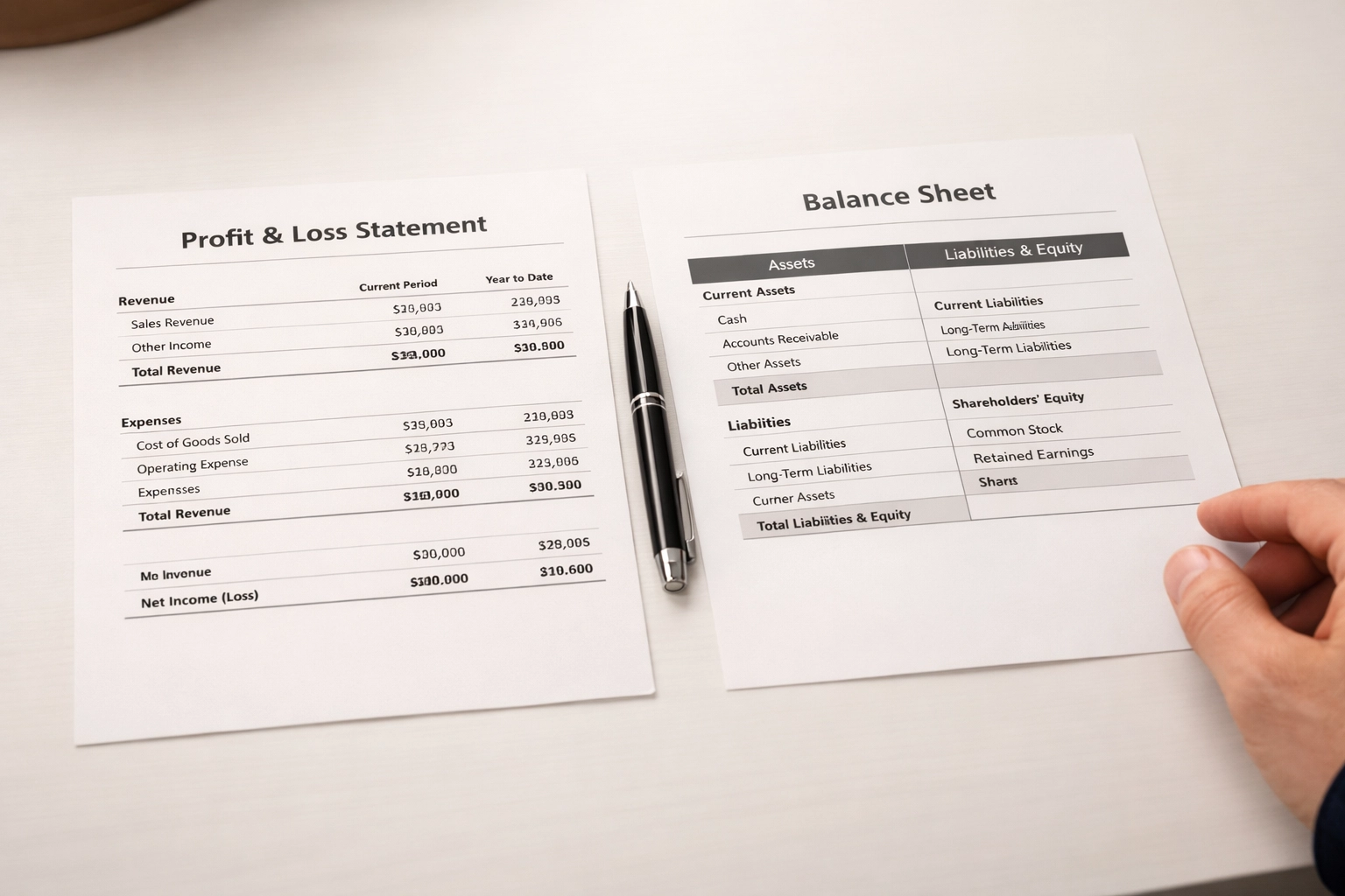 Profit and Loss statement and Balance Sheet side by side on desk for financial review