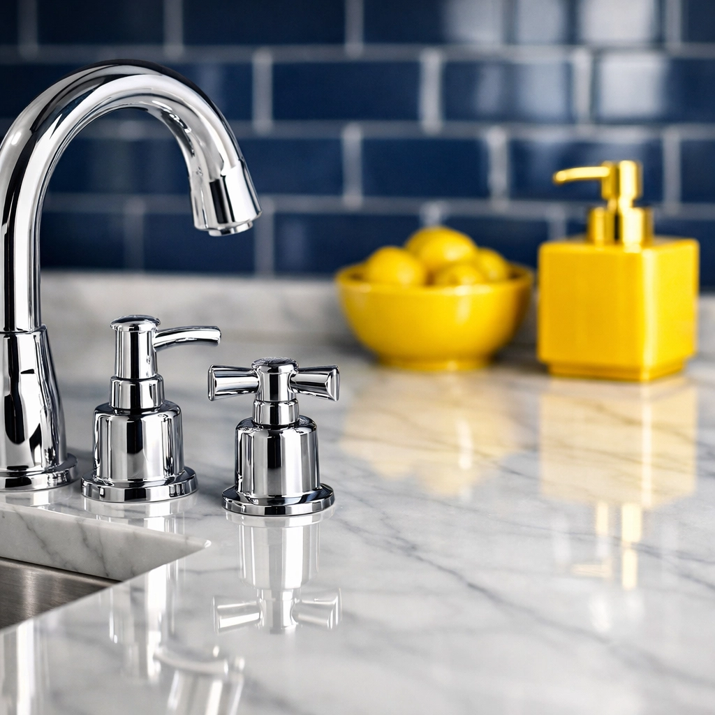 Shiny marble countertop and clean kitchen fixtures showing Ninja efficiency in move-out cleaning Worcester.