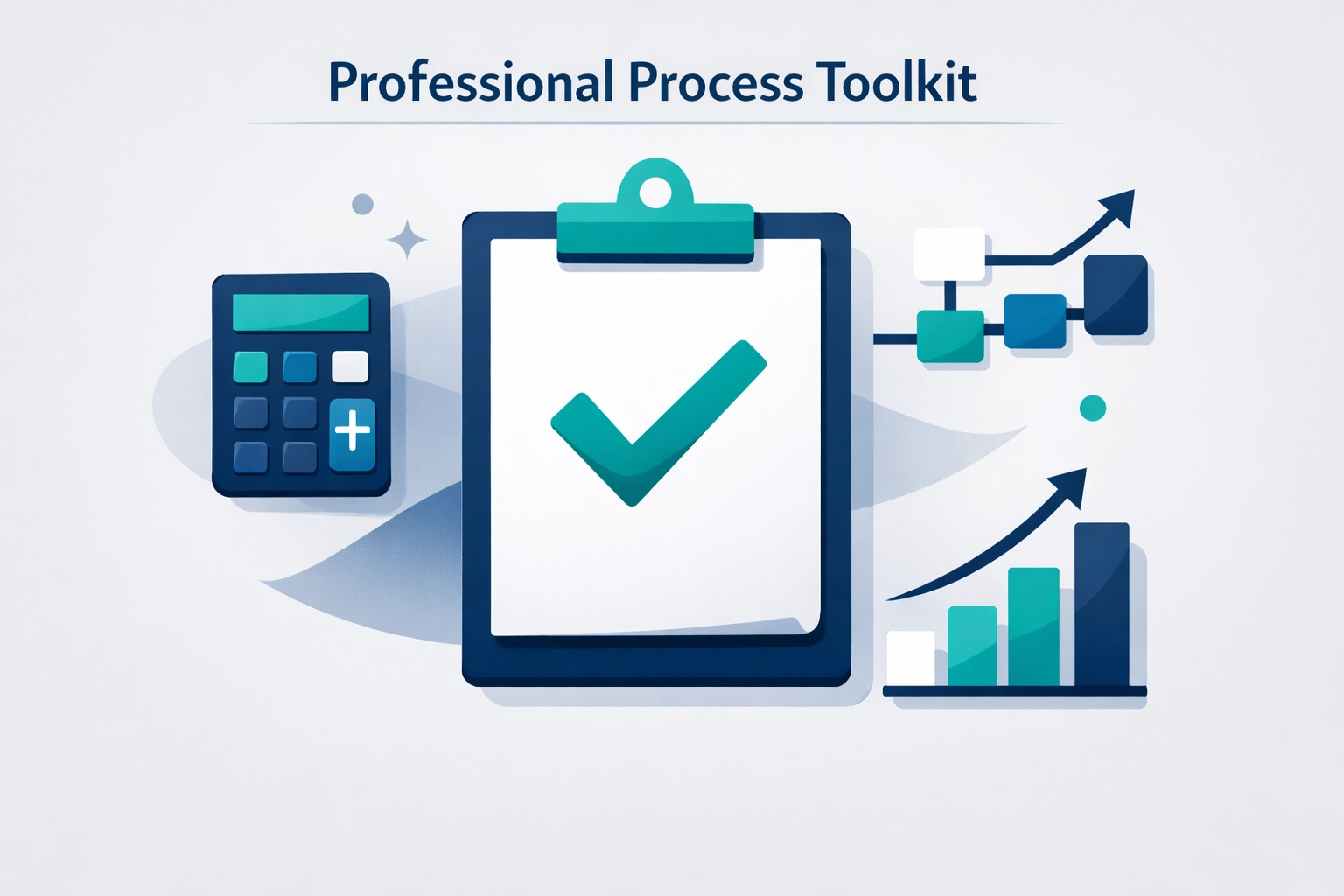 Professional Lean Six Sigma toolkit illustration showing project charter, process flow, and data analysis tools.