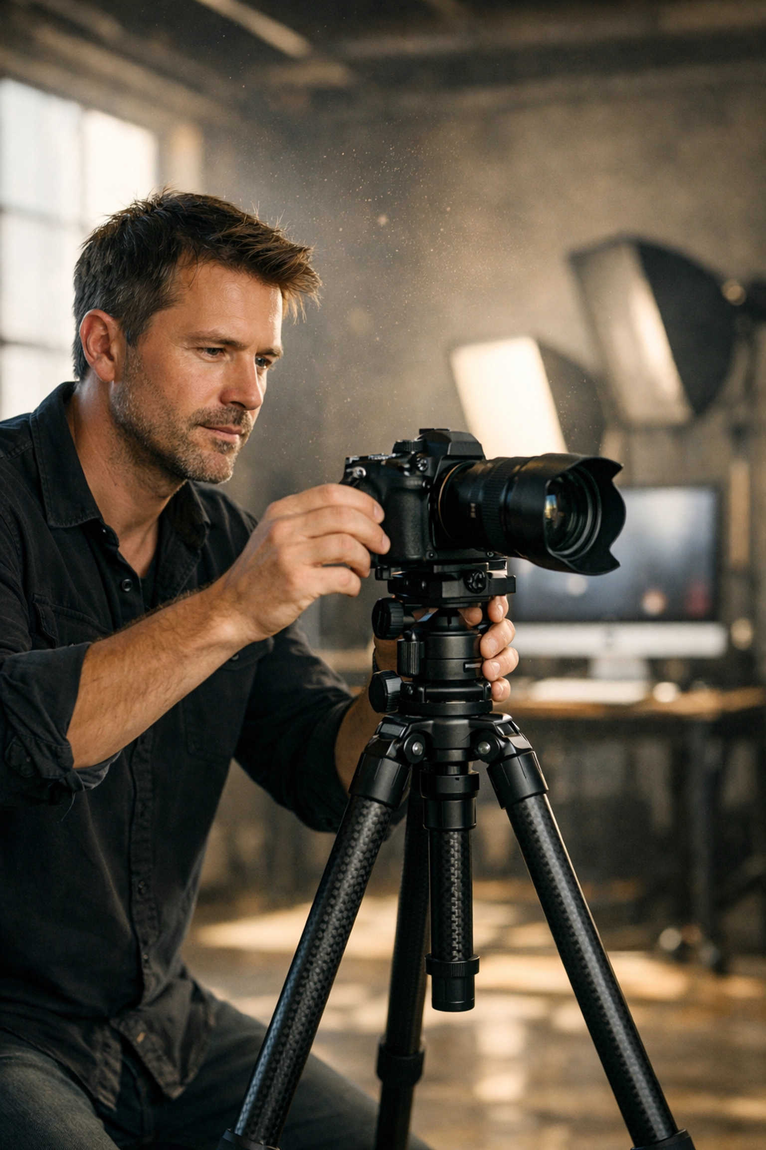 Professional photographer in a sun-drenched studio adjusting high-end gear for a quality freelance project.