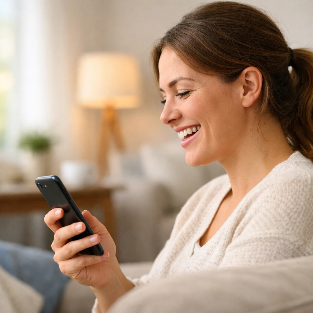 Happy person receiving an Interac e-transfer loan instantly on their smartphone at home.