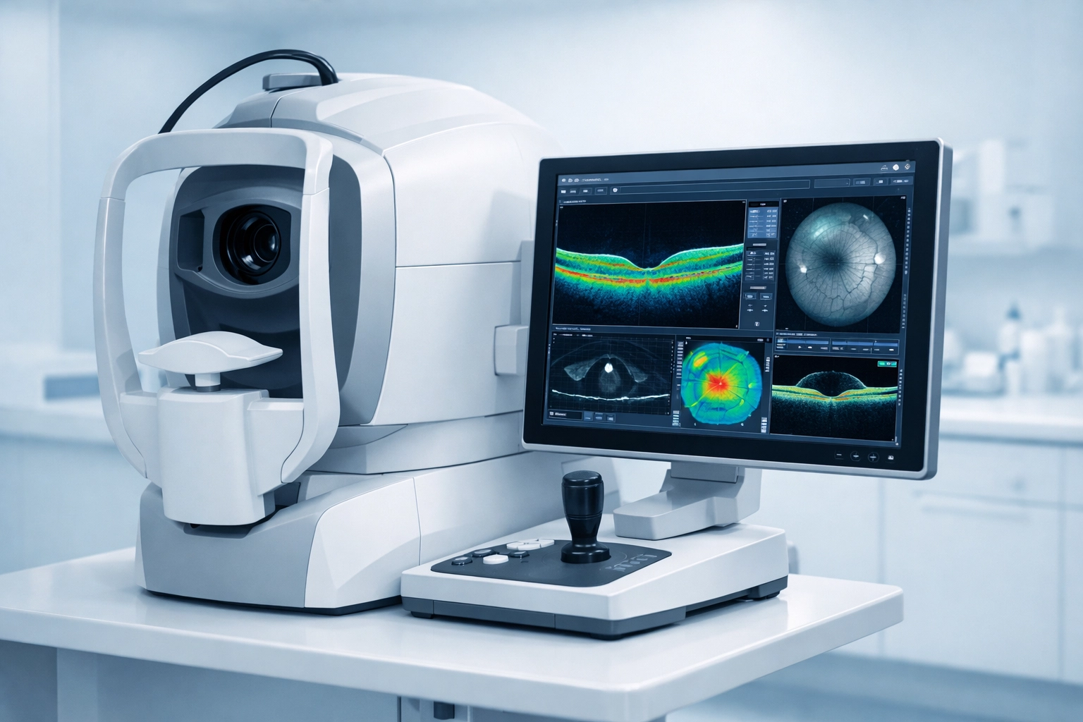 Modern ophthalmic diagnostic equipment in a clean clinic setting for optometry revenue cycle management.