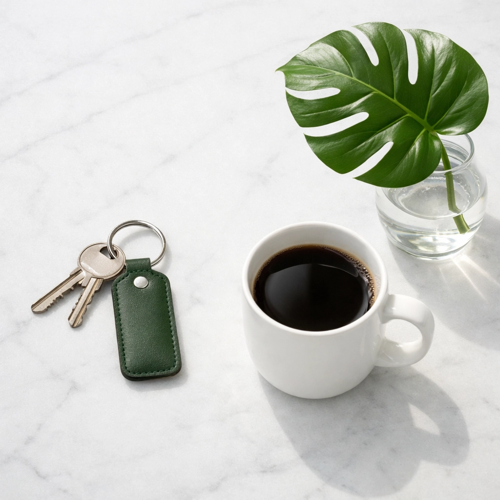 Modern apartment keys and coffee on a marble desk representing rental property revenue growth.