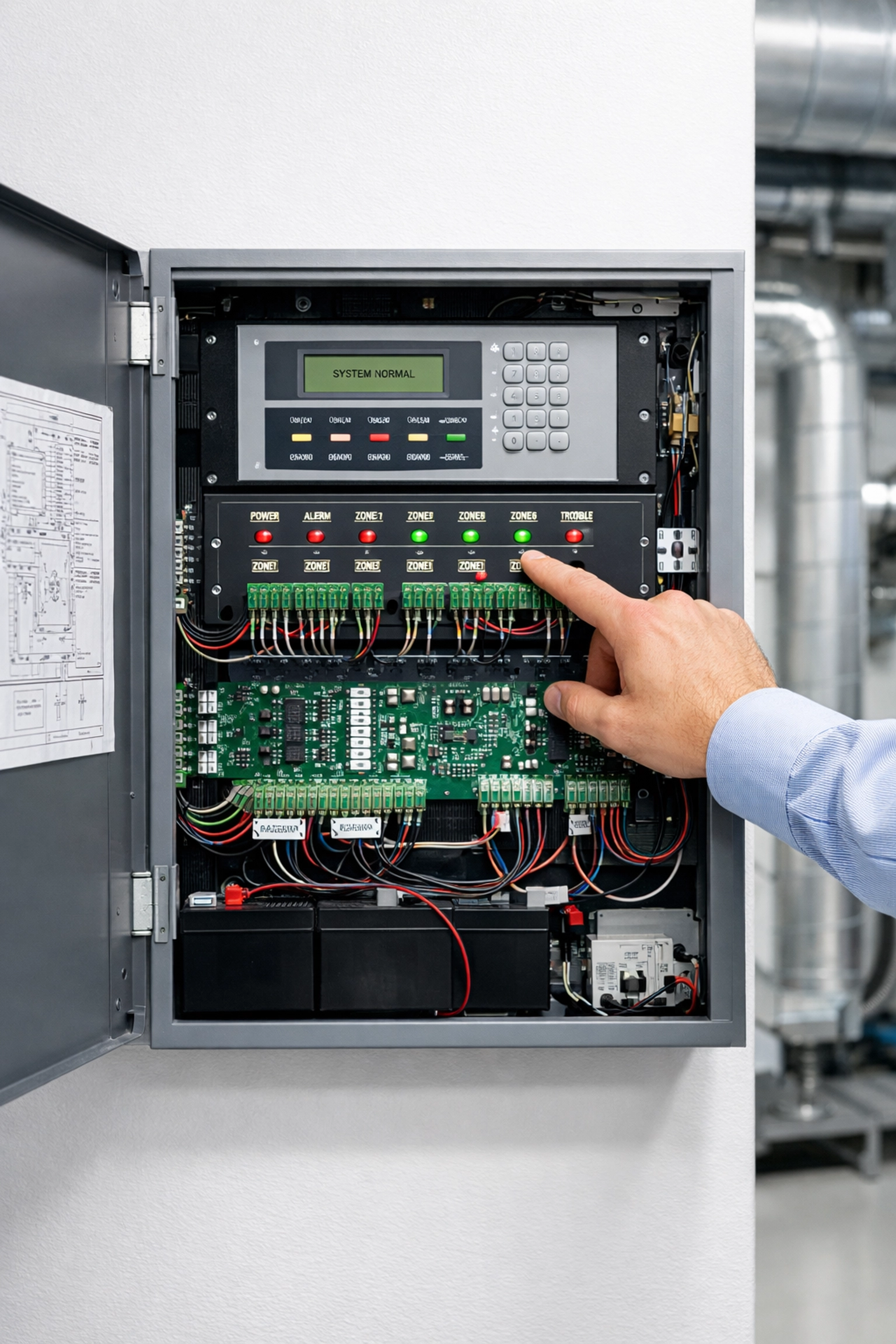 Engineer inspecting fire alarm control panel with circuit boards and zone indicators
