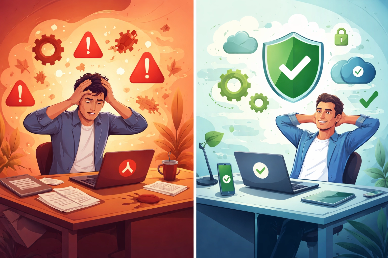 Split scene of stressed and relaxed business owners, highlighting benefits of proactive IT monitoring over reactive support