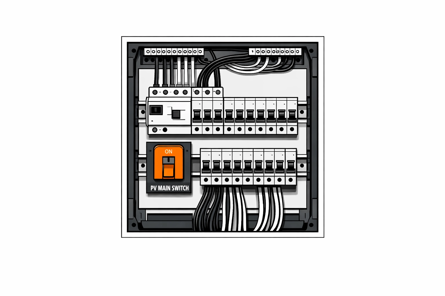 Technischer Verteilerkasten für die PV Anlage Wien mit markiertem Hauptschalter zur Netzeinspeisung.