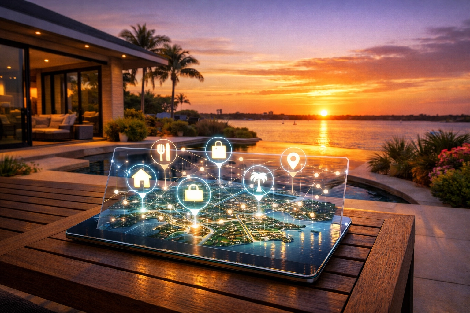 Digital neighborhood map showing local SEO Sarasota FL signals on a high-tech tablet at sunset.