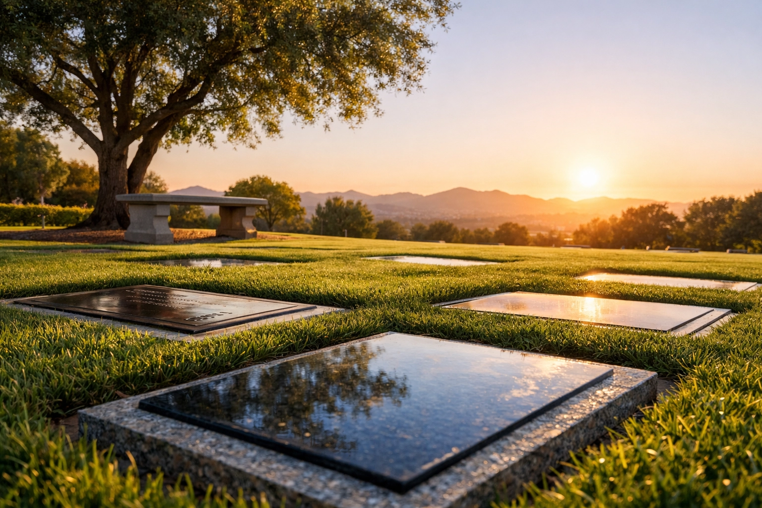 Polished flat markers in a peaceful cemetery reflecting expert cemetery maintenance services
