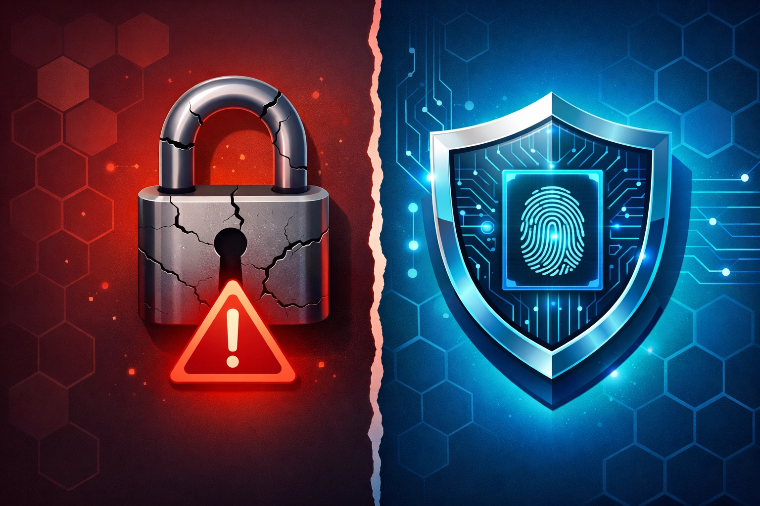 Traditional security lock vs modern phishing-resistant MFA shield with cryptographic protection