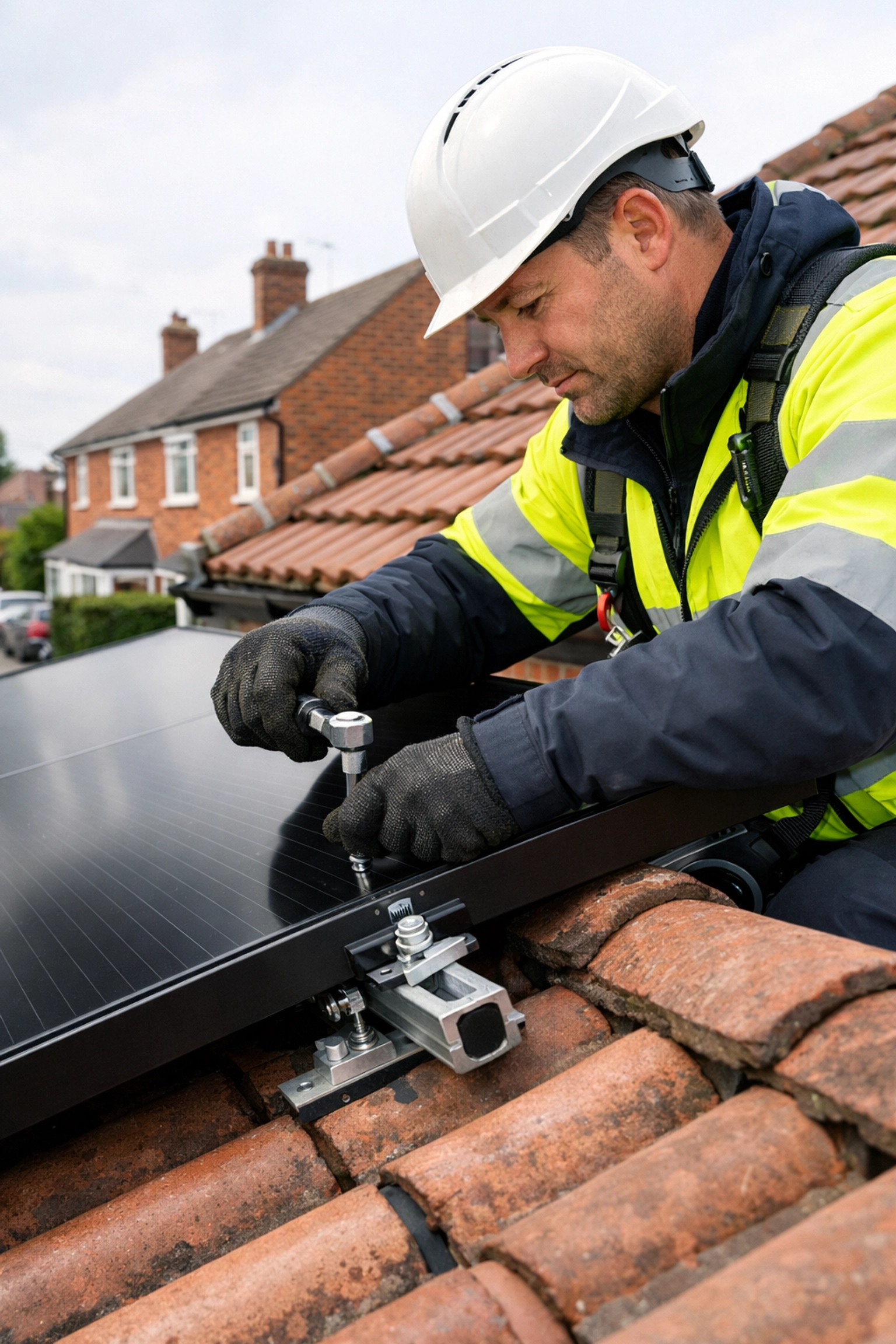 Professional MCS-certified installer fitting all-black solar panels on a traditional UK tiled roof.