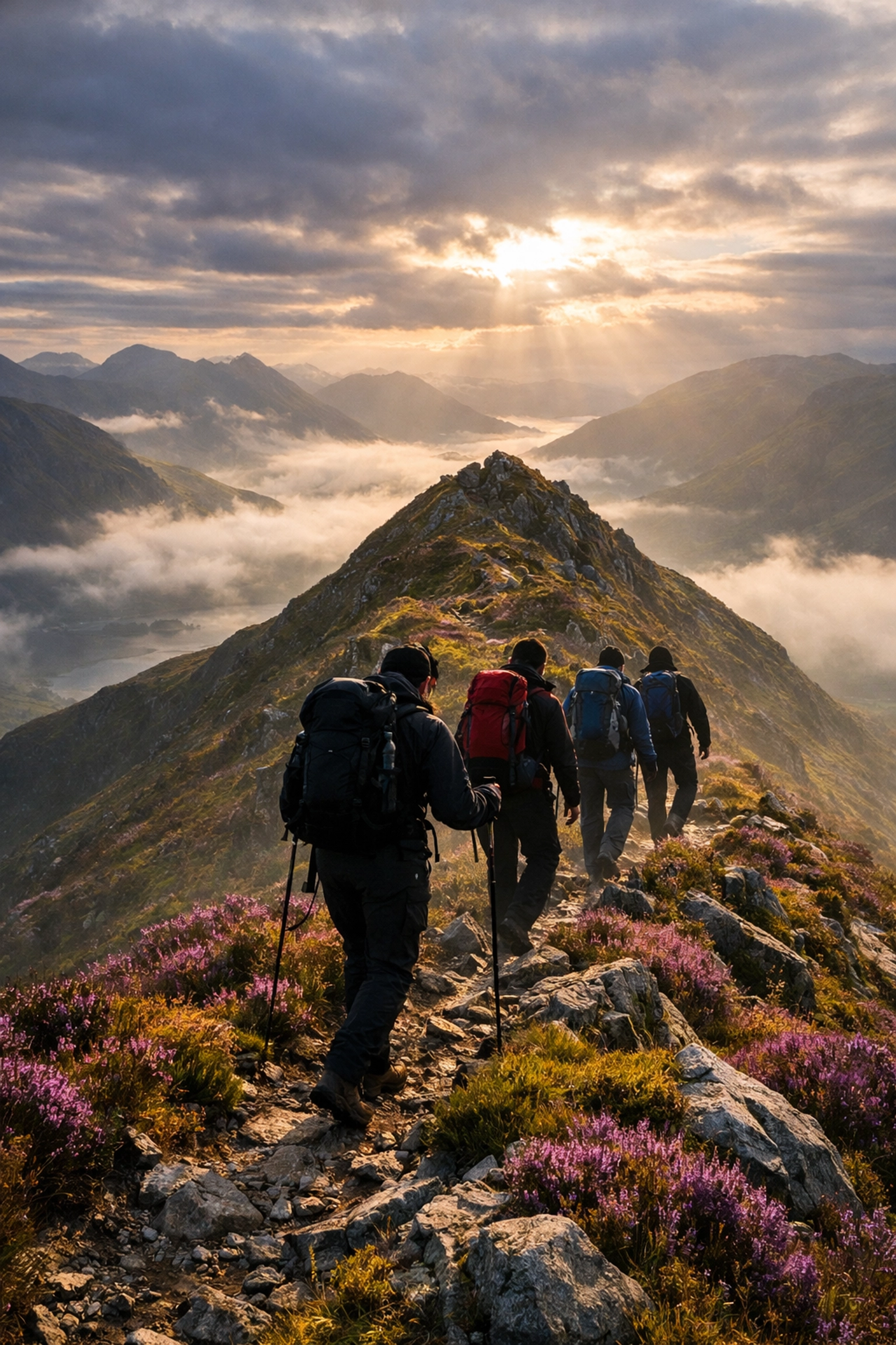 Group of hikers ascending Scottish Highland ridge on guided hiking tour