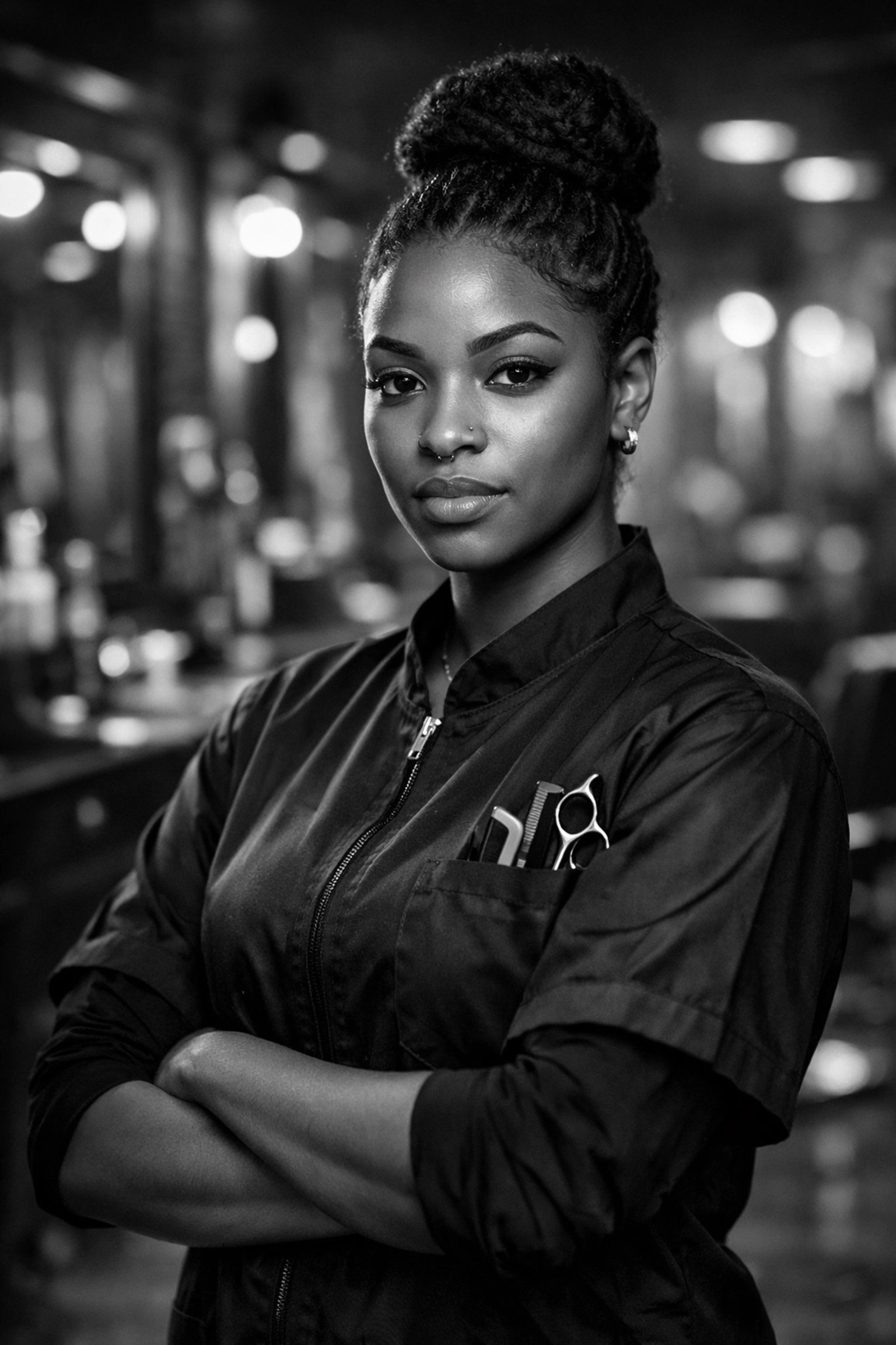 Professional portrait of a determined female barbering student in uniform at X-Quisite Cutz School of Barbering.