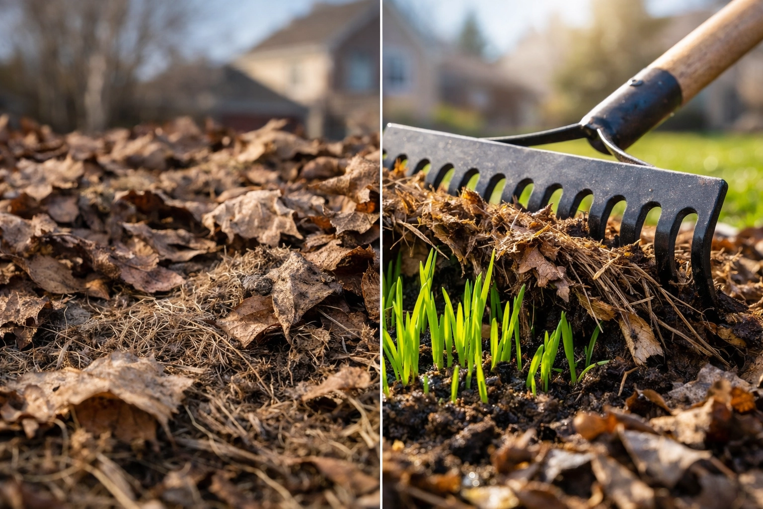 Professional lawn dethatching showing green grass shoots emerging from under winter debris.