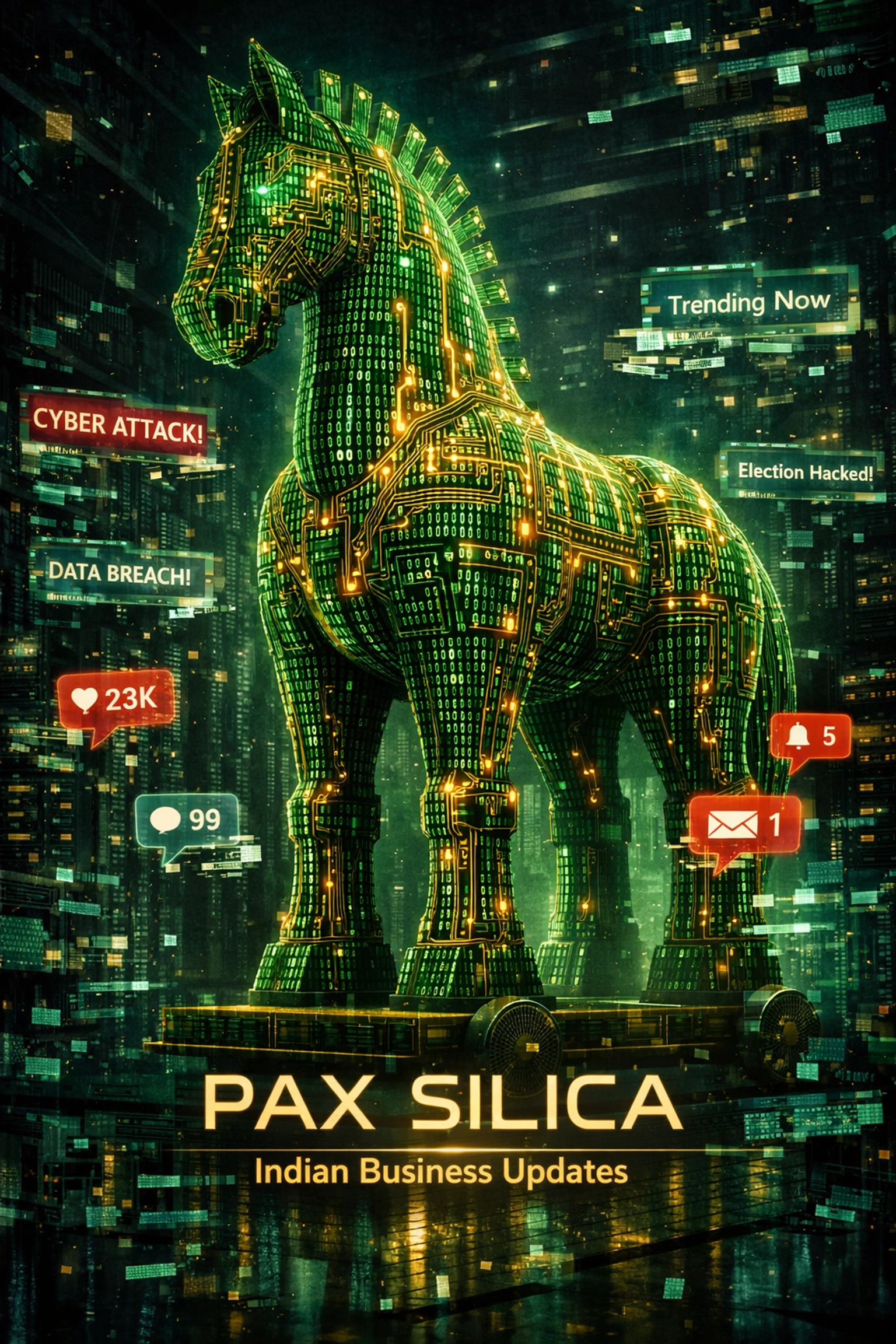 Binary code Trojan horse in a server room representing digital noise and Pax Silica in Indian business updates.
