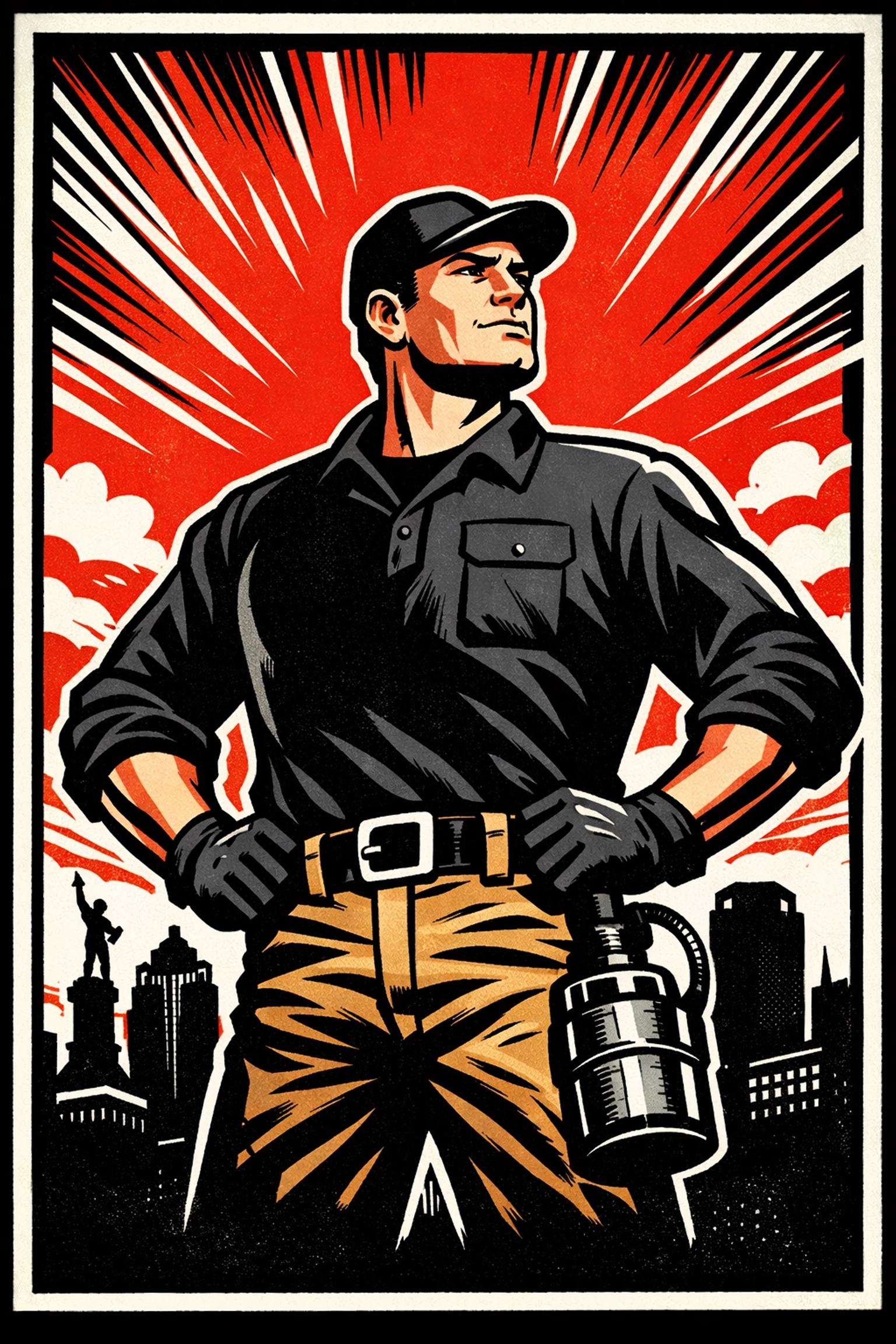 The best pest control in Birmingham technician standing before the city skyline heroically.