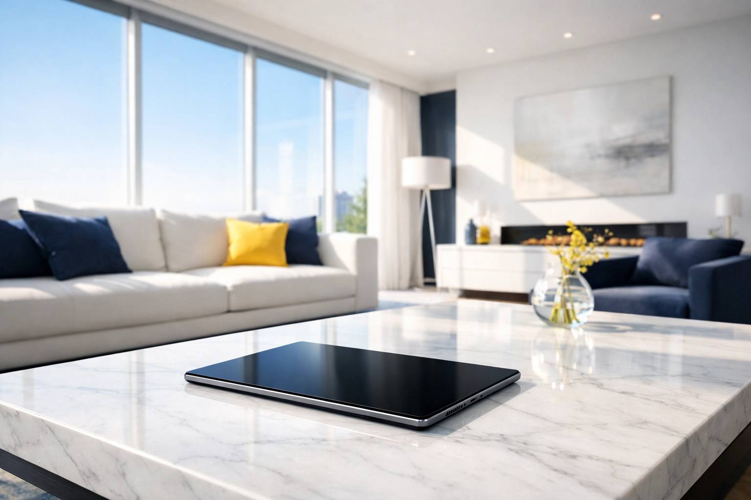 Clean modern living room with a tablet representing transparent cleaning service management and no hidden fees.