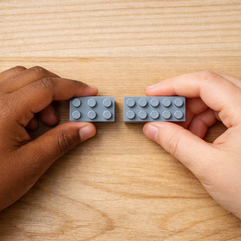 Kinderhanden vergelijken vrijwel identieke LEGO-stenen als oefening in aandachtig en begrijpend lezen