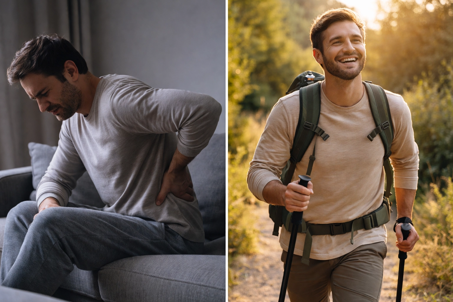 Before and after comparison showing transformation from sciatica pain to active pain-free living