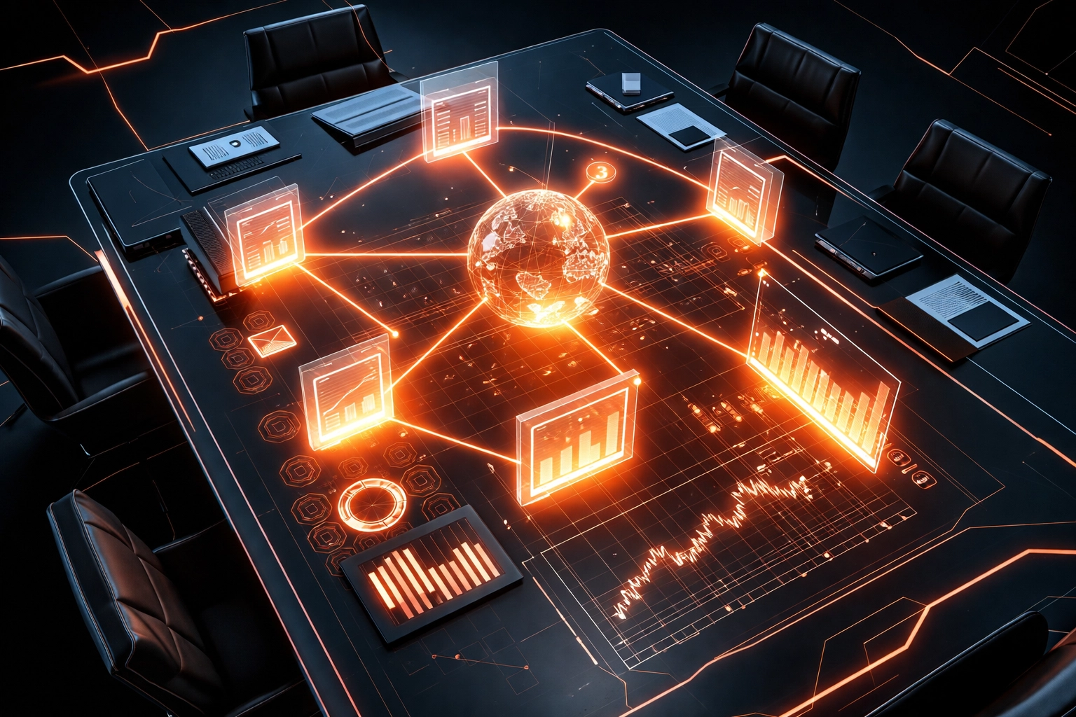 Futuristic conference table with holographic M&A data visualizations symbolizing AI-powered dealmaking in 2026