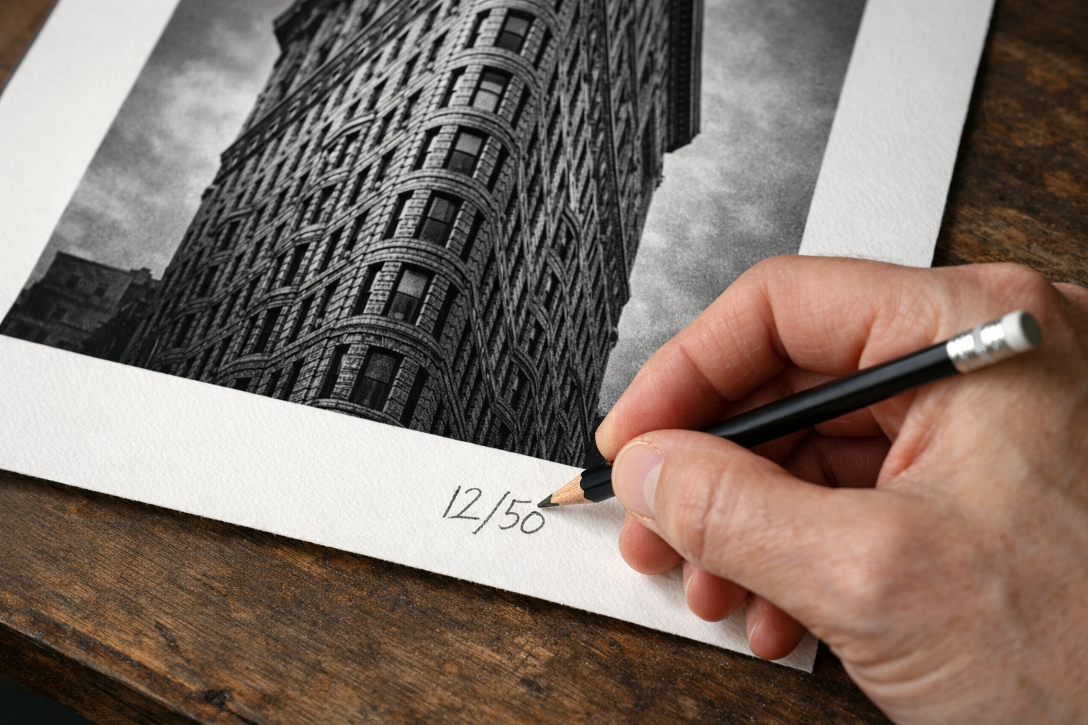 Artist hand-signing limited edition photography prints of the NYC Flatiron Building on archival paper.