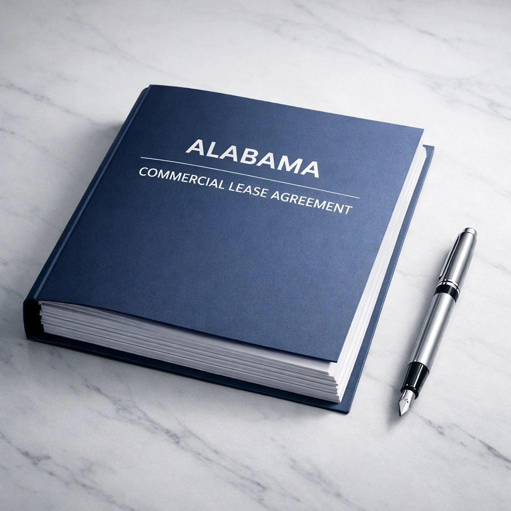 Professional legal folder and pen used for Alabama commercial lease agreements and business valuations.