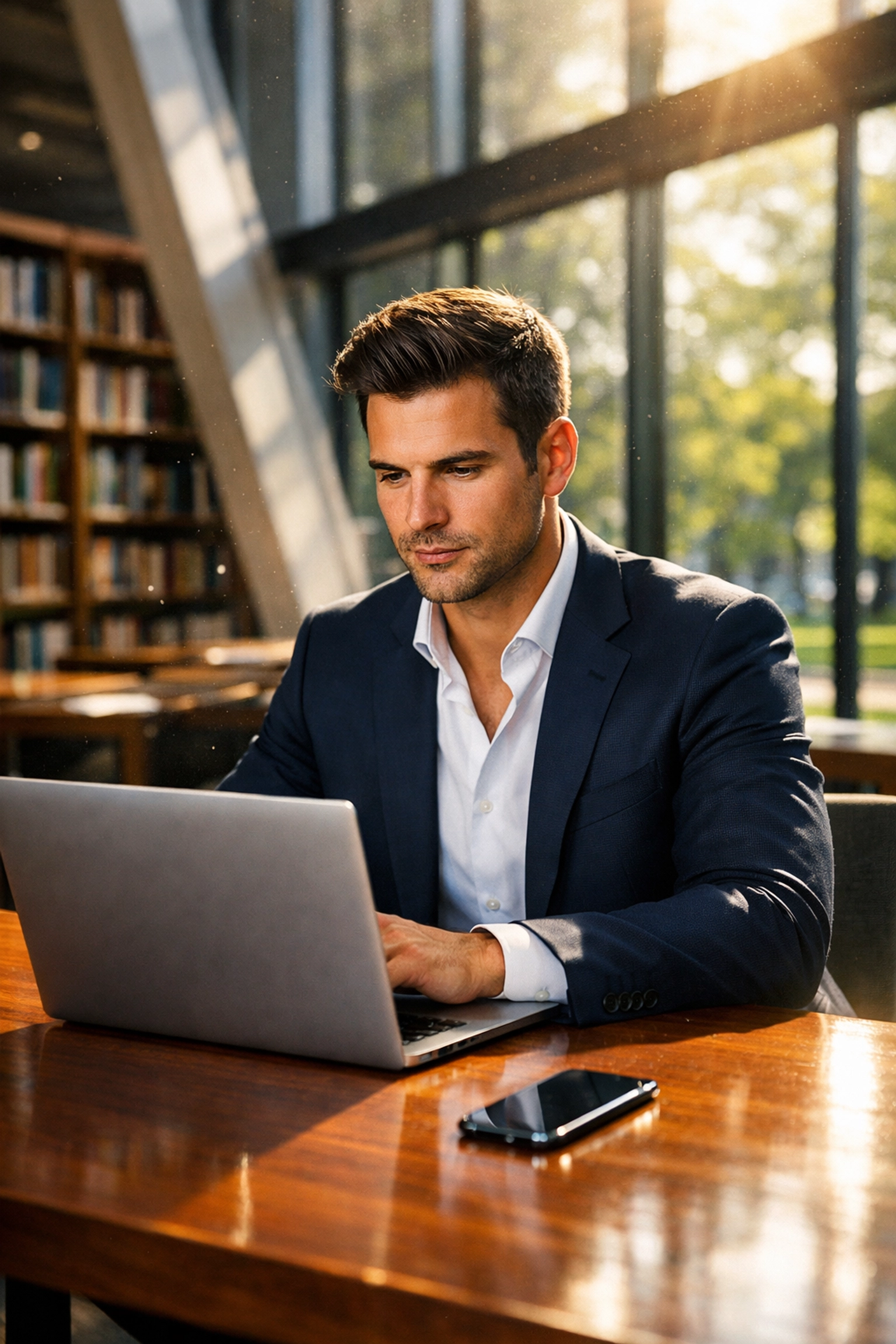 Confident professional using a laptop in a modern library, illustrating NIL education and brand management skills.