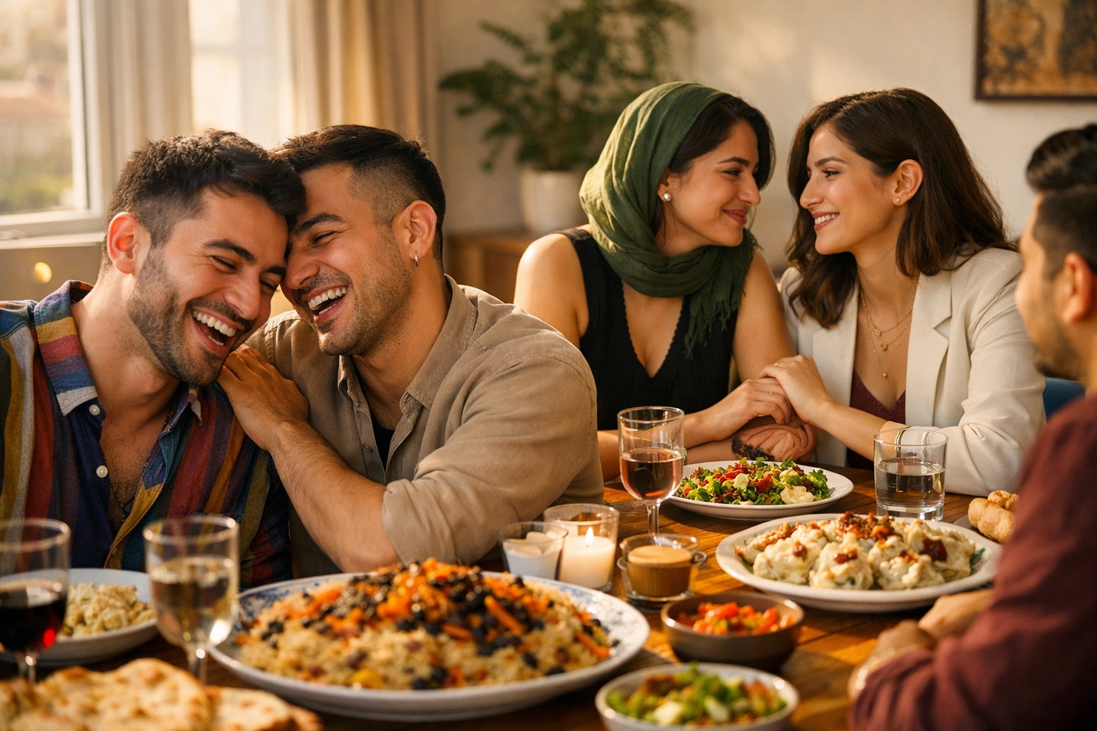 LGBTQ+ Afghan diaspora friends sharing a meal and laughter, illustrating the joy of found family and safety in exile.