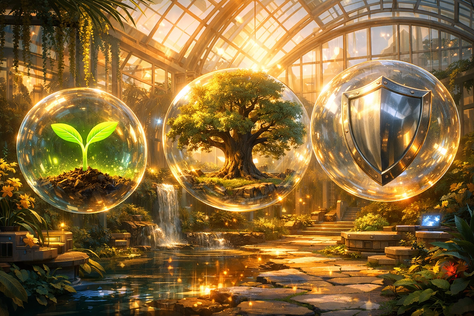 Different investment types including growth stocks and secure government bonds shown as a symbolic garden.