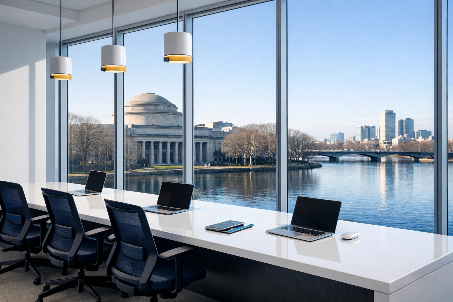 Clean minimalist tech office in Kendall Square with MIT views, highlighting professional office cleaning Kendall Square.