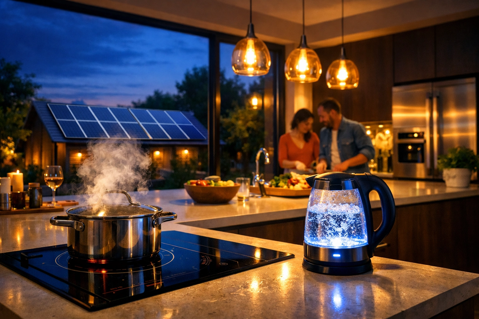 High-capacity solar battery powering modern kitchen appliances and home lighting at dusk.
