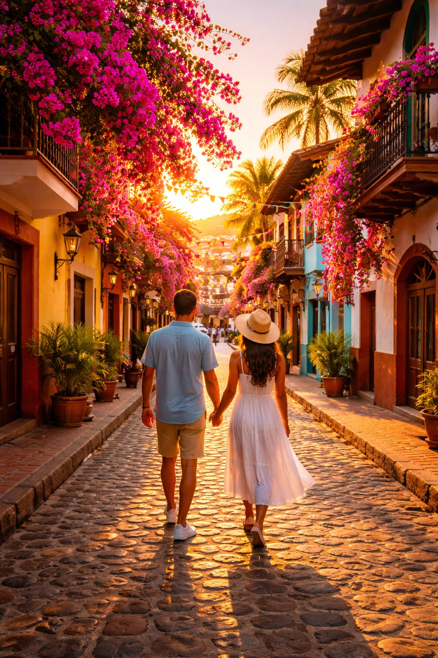 Couple walking hand-in-hand on a colorful cobblestone street in Zona Romántica, Puerto Vallarta, near condo rentals