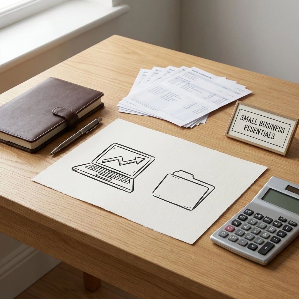 Business tax preparation items: notebook, bank statements, calculator, and business icons for small business organization.