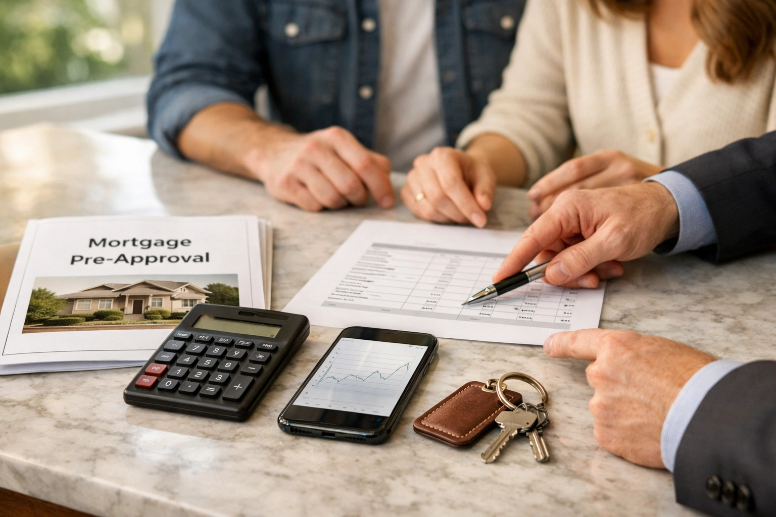 Couple reviewing North Shore mortgage pre-approval documents and house keys on a kitchen island.