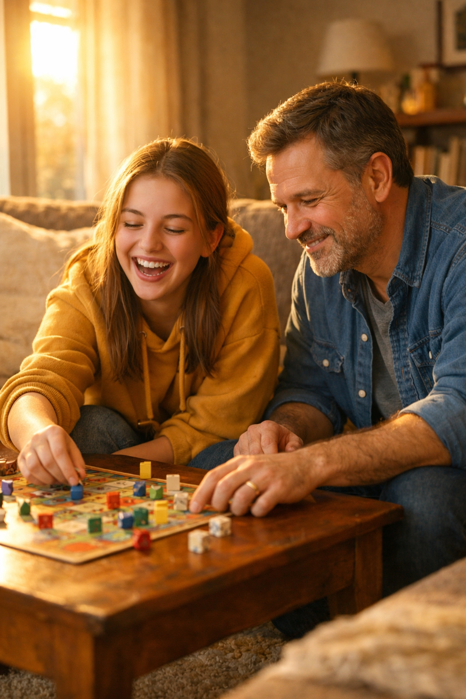 Teenage girl and father laughing during a board game, showing healthy face-to-face connection.