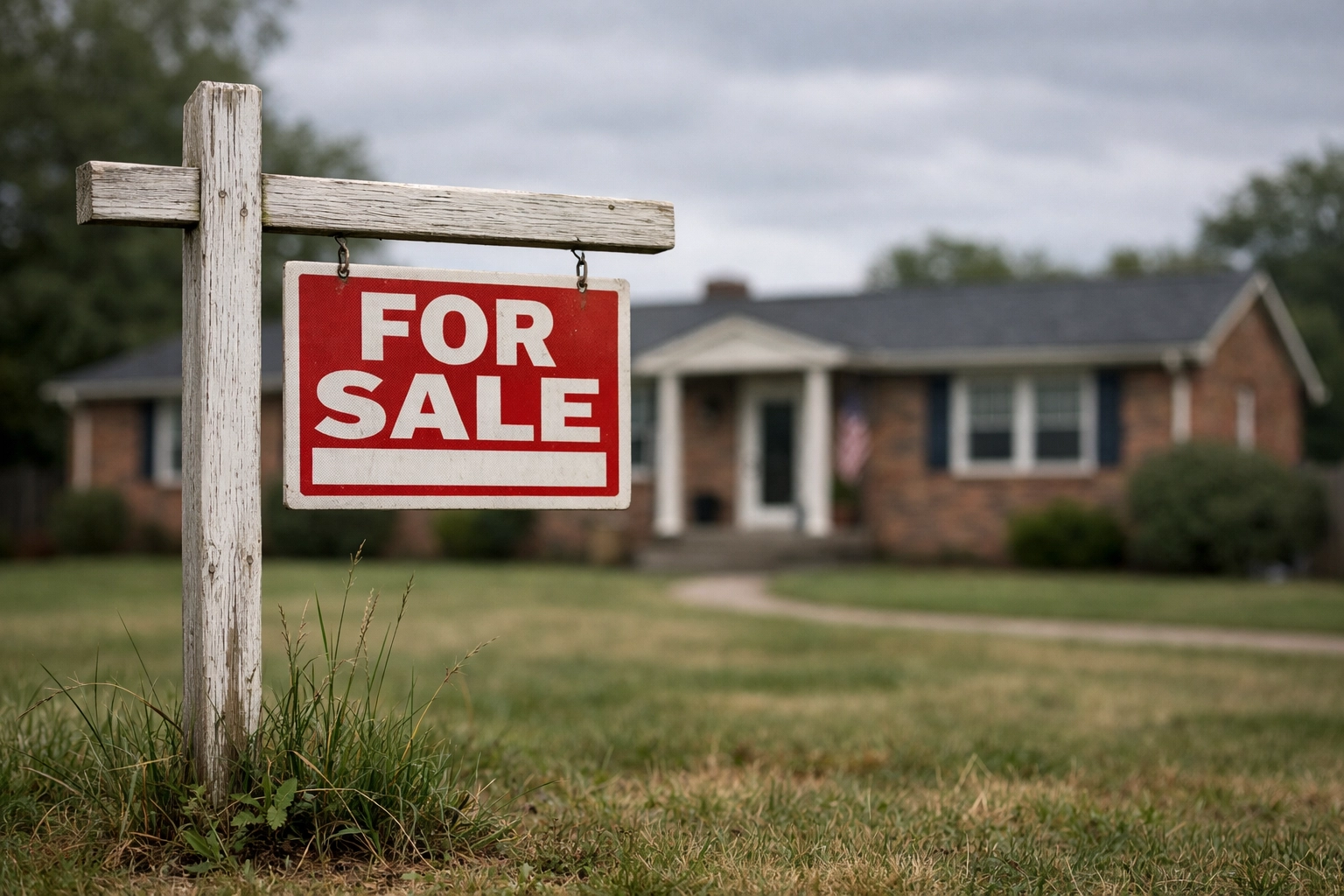 A brick ranch home in Nashville with a weathered for sale sign, reflecting why some houses sit too long on the MLS.