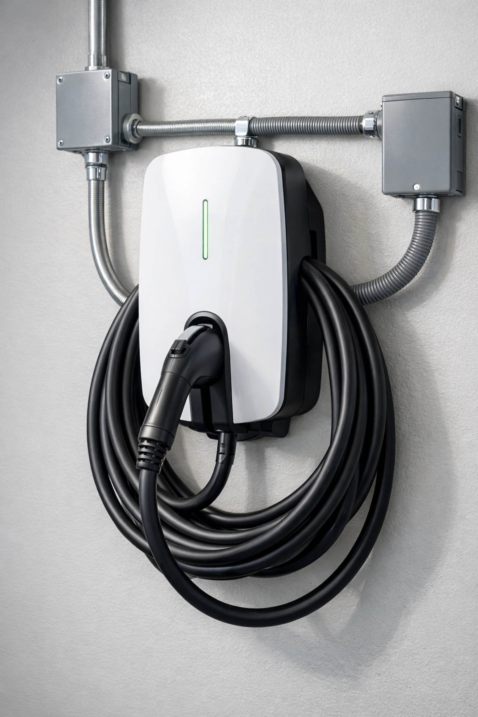 Level 2 EV charger installation on garage wall with professional electrical conduit and connections