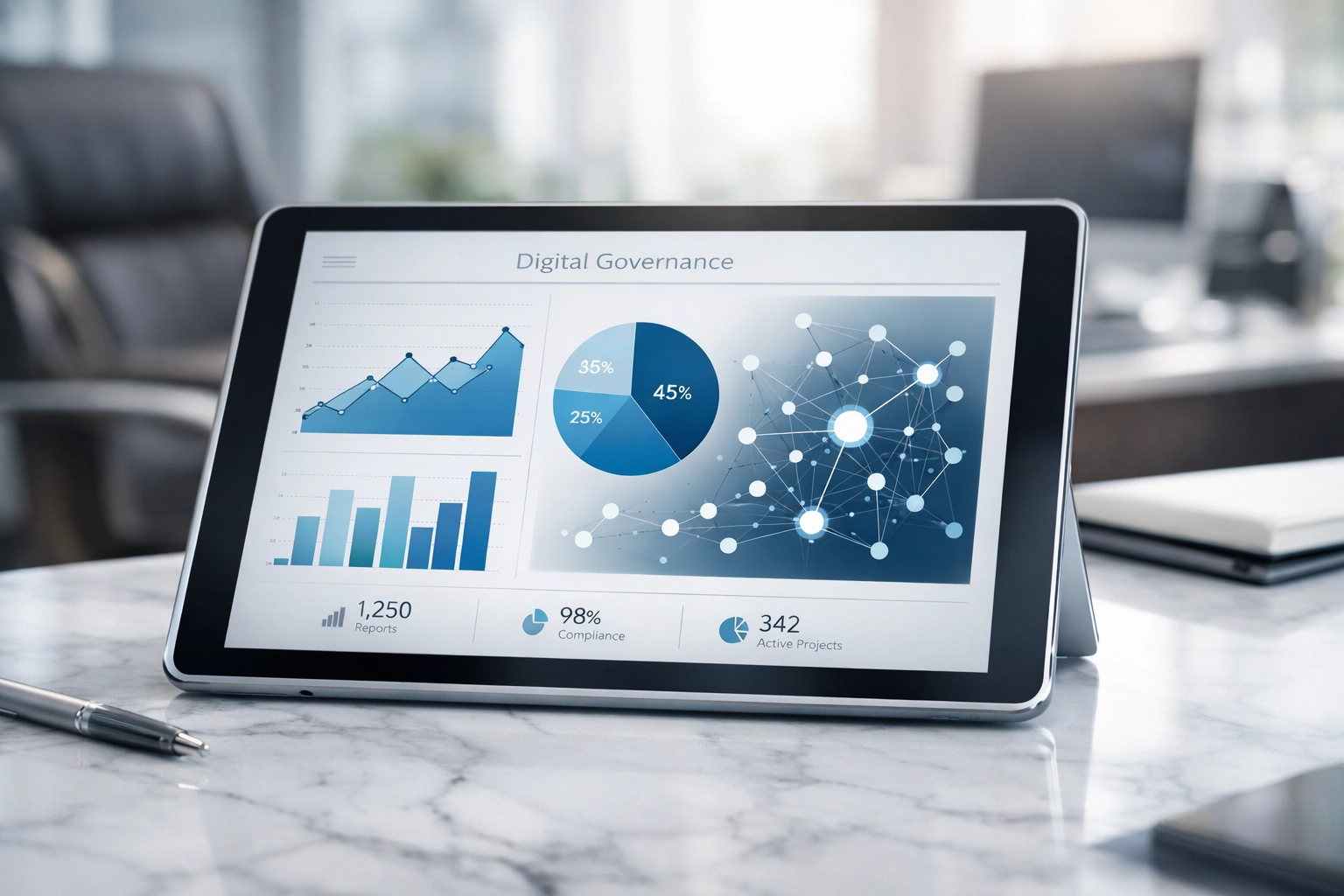 Digital data dashboard on a tablet showing modern corporate governance and compliance tracking for businesses.