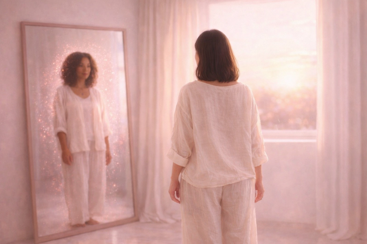 A woman in a sunlit room reflecting her higher self and soul alignment in a mirror.