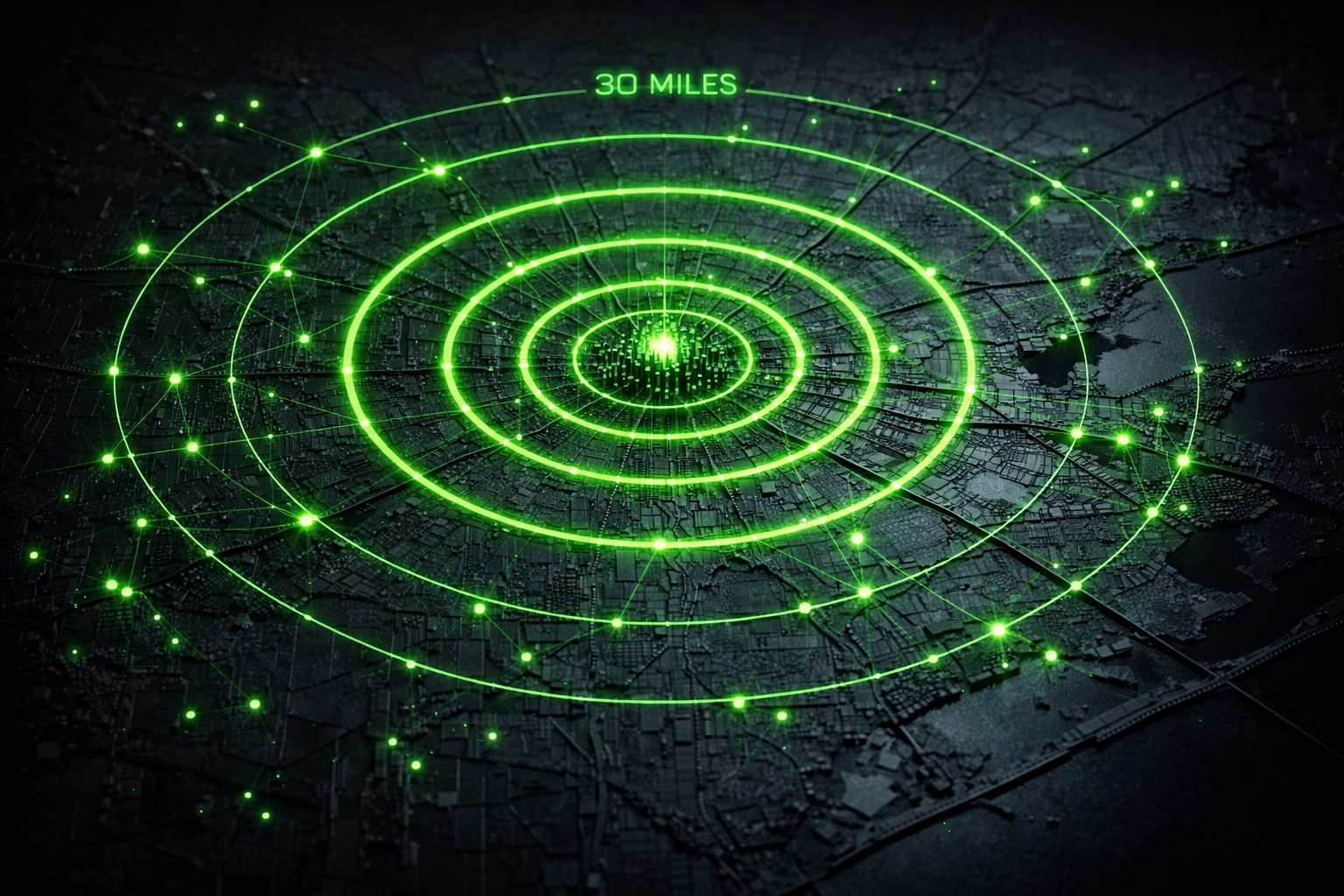 Digital Houston service area map showcasing 30-mile coverage for premium emergency roadside Houston listings.