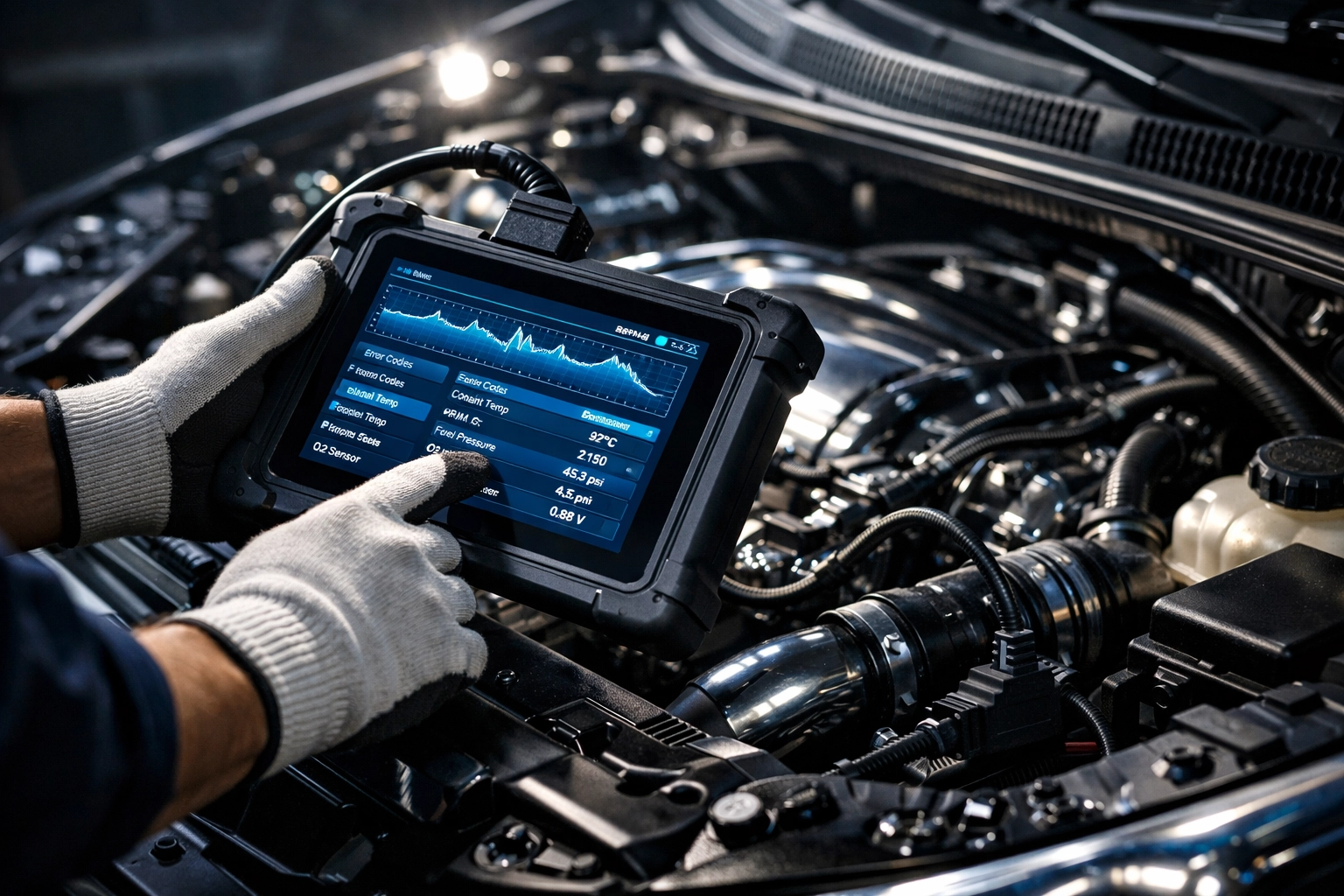 Professional mechanic using diagnostic tablet for mobile auto repair services under vehicle hood
