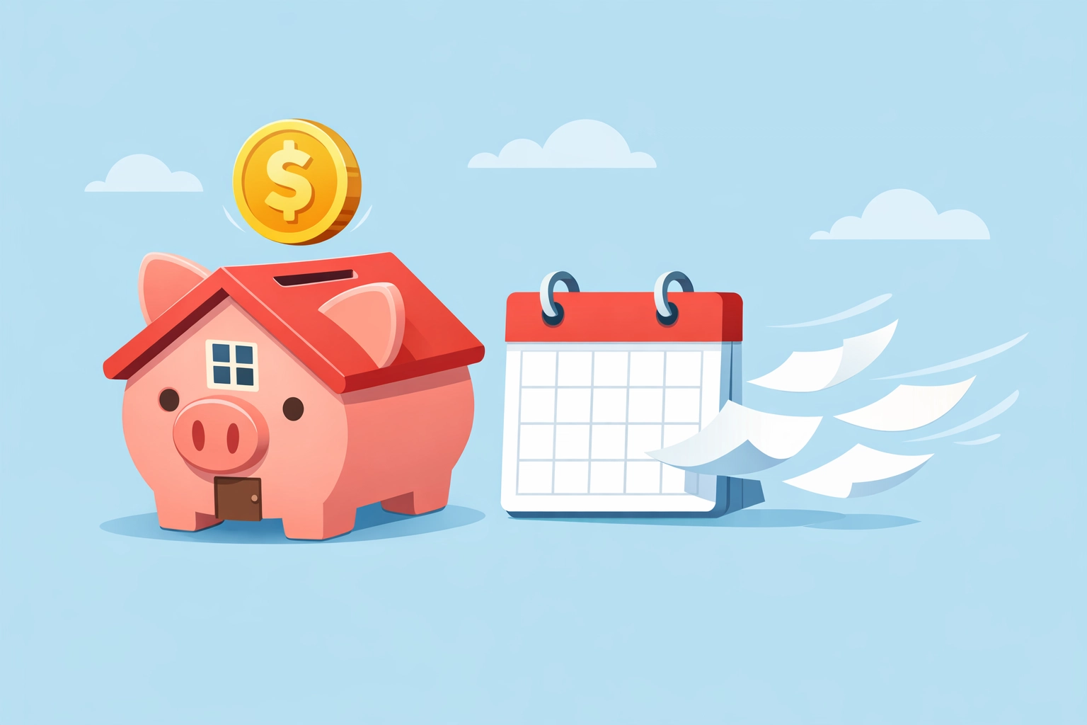 Alcancía de casa y calendario simbolizando ahorro sin mensualidades para hipoteca.