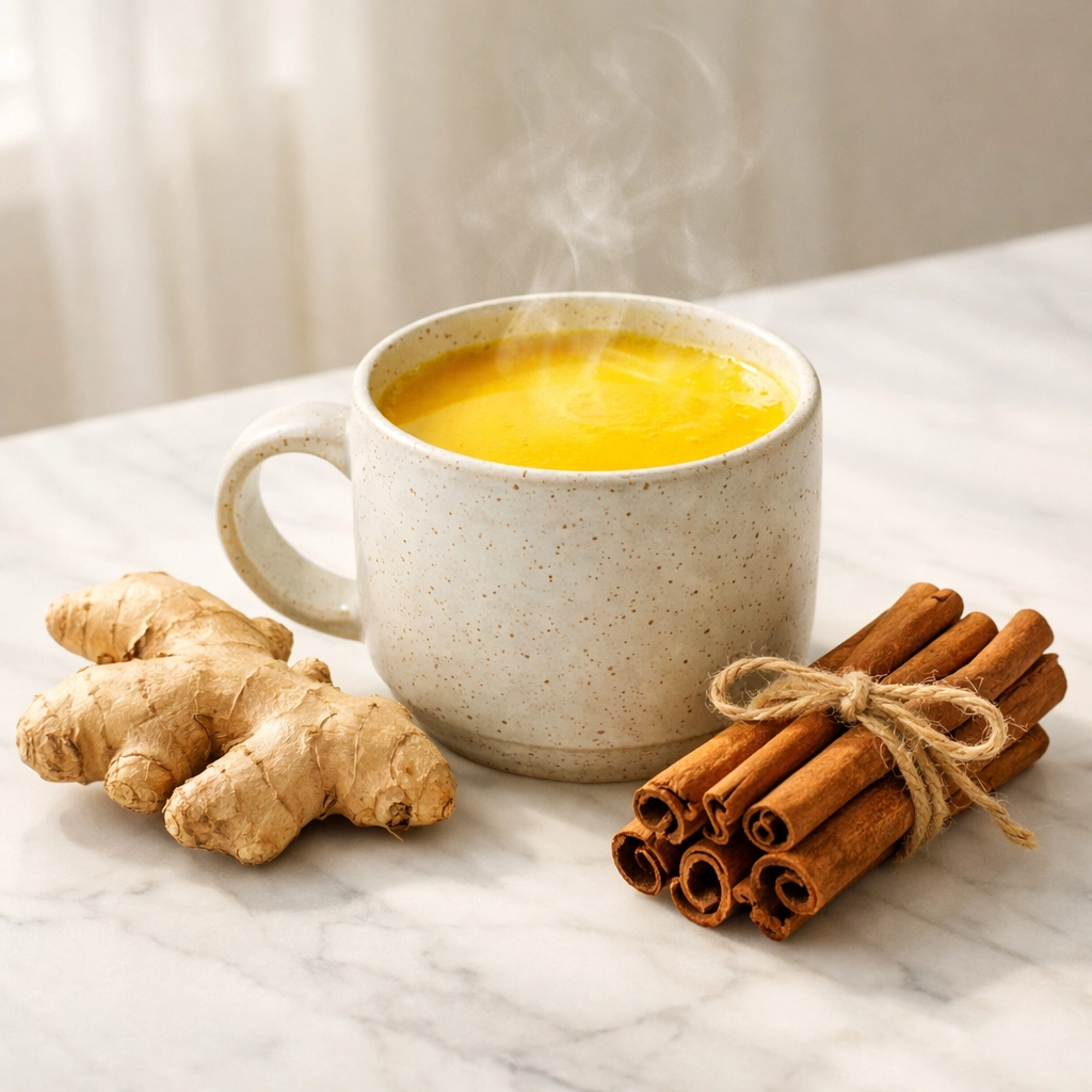 Golden turmeric milk served with fresh ginger and Ceylon cinnamon quills for farm-direct wellness and health.