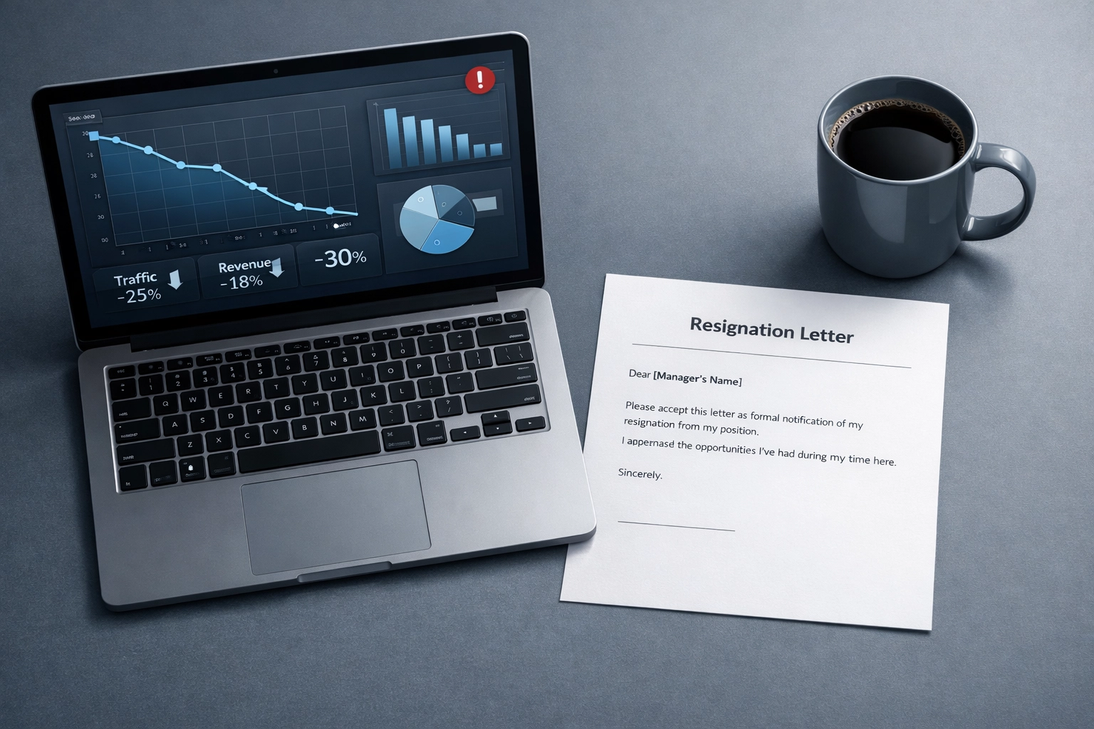 Real estate agent resignation letter on desk with declining performance analytics dashboard
