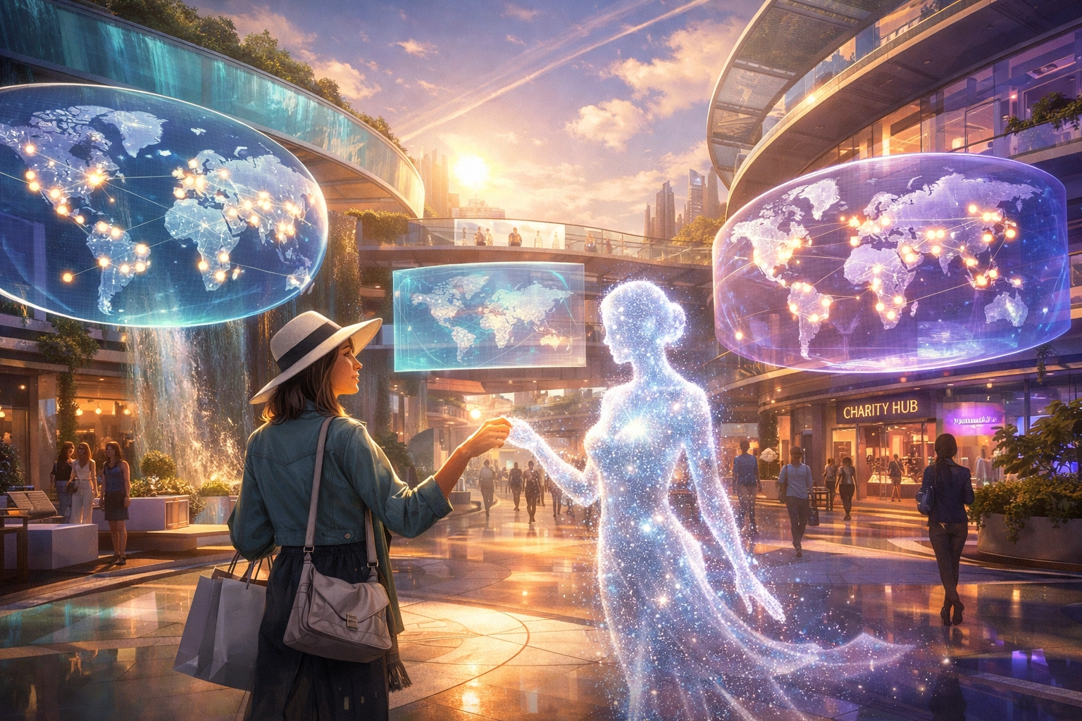 AI-powered metaverse shopping plaza illustrating Larecoin's real-time global social impact and commerce.