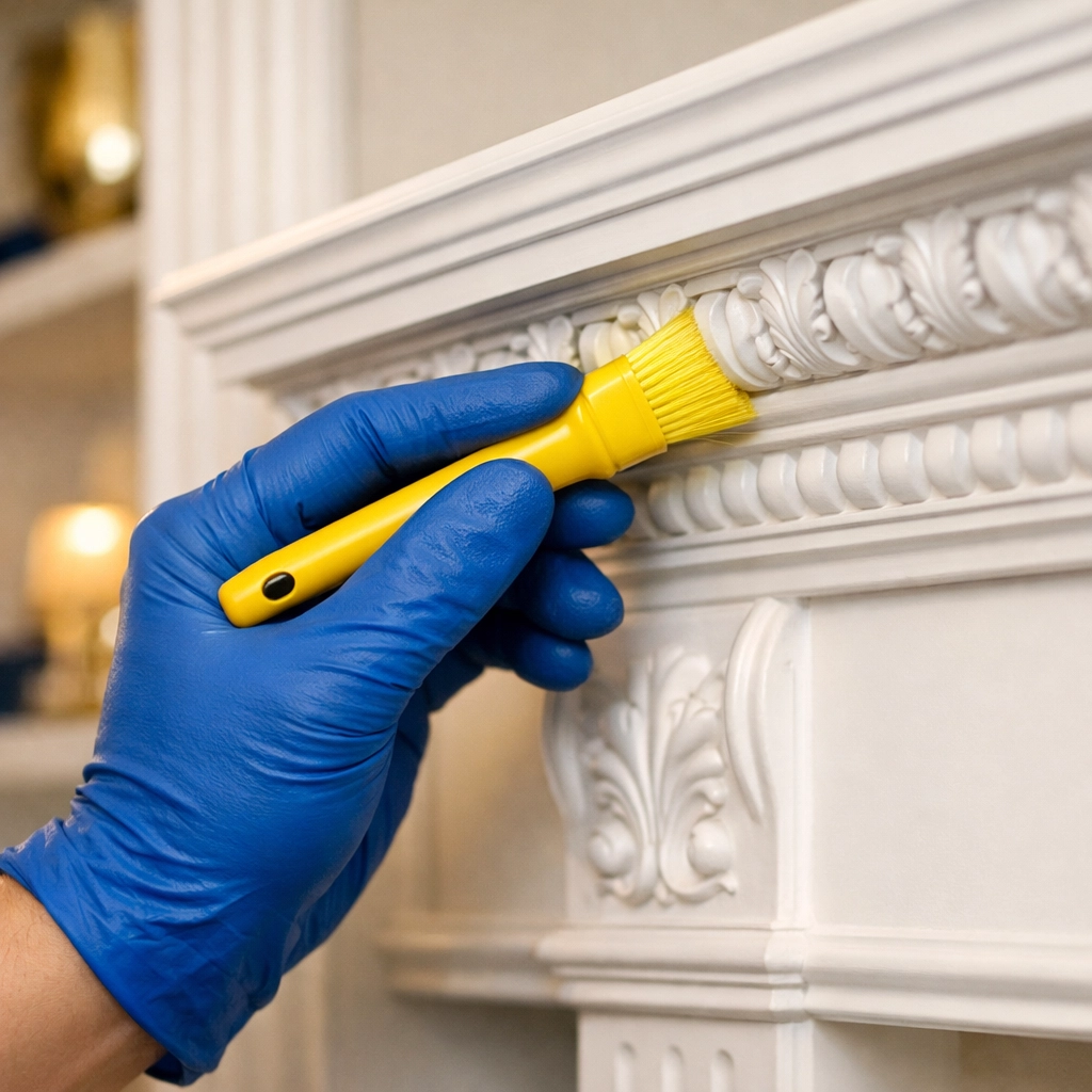 A professional cleaner dusting a shelf with precision during weekly house cleaning in Marblehead.