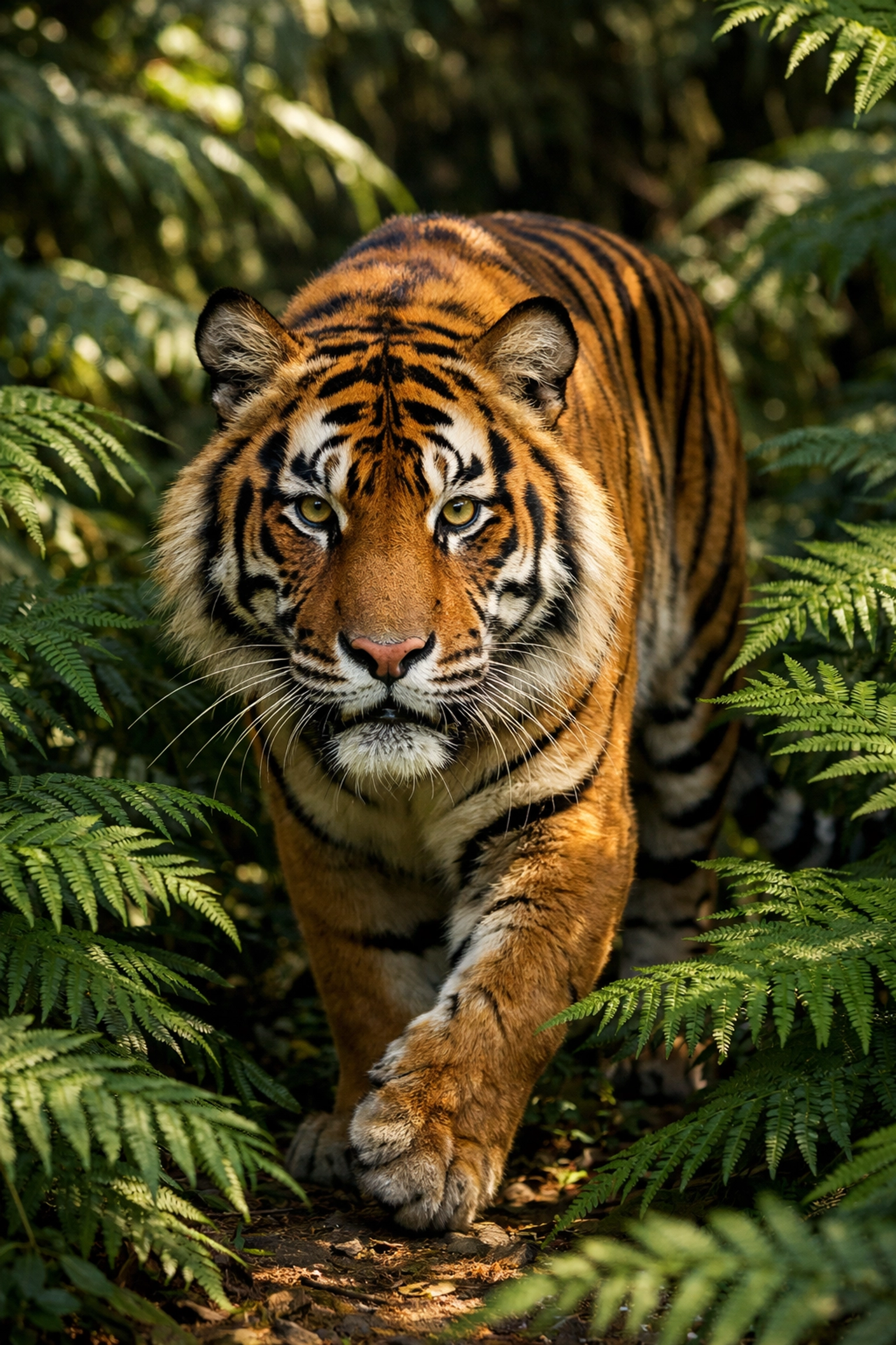 Professional wildlife portrait of a Sumatran Tiger in its natural rainforest habitat.